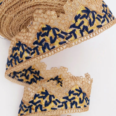 Gold Sheer Tissue Fabric Cutwork Trim with Embroidery in Gold and Navy Blue, Scallop Trim, Fringe Trim